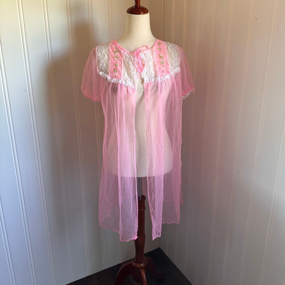 Vintage 50s Coquette Pink Midi Sheer Robe M
